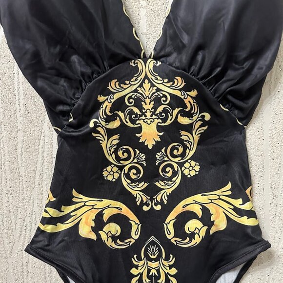 Black Baroque Print Cutout Bodysuit One Piece Swimsuit - Picture 5 of 7